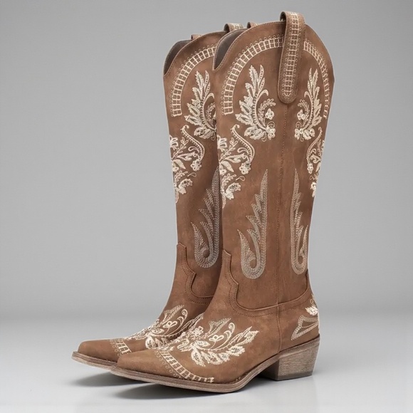 Brown Wide Calf Knee High Embroidered Rhinestone Embellished Cowboy Boots - Picture 12 of 16